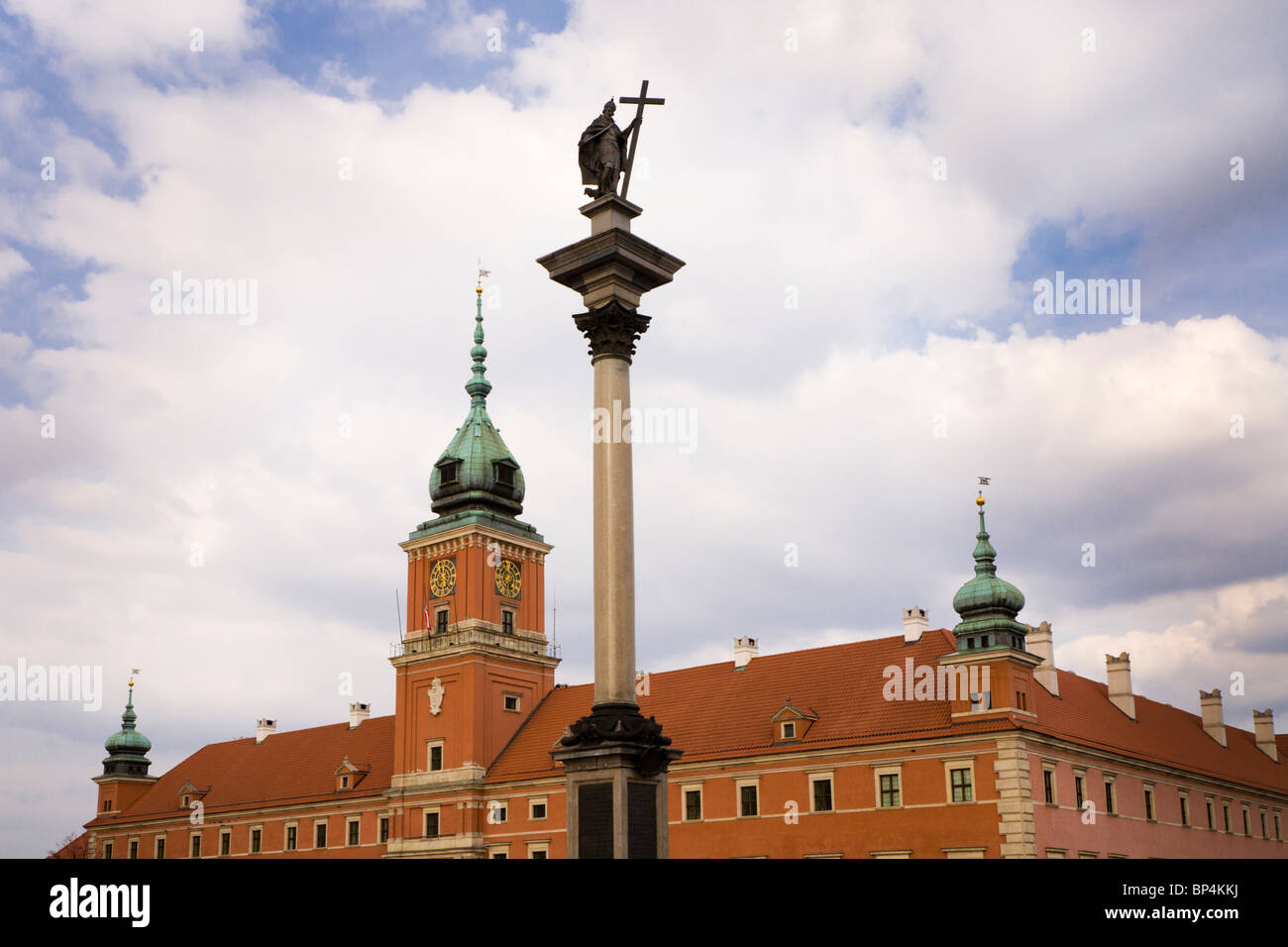 The Royal Castle and Zygmunt's Column, Warsaw Poland. It is located in the Castle Square, at the entrance to the Old Town. Stock Photo