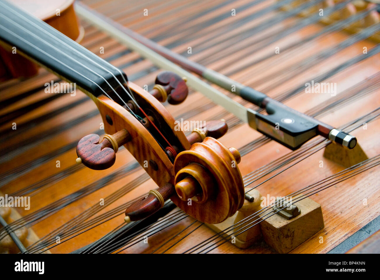 The neck of a violin w bow Stock Photo