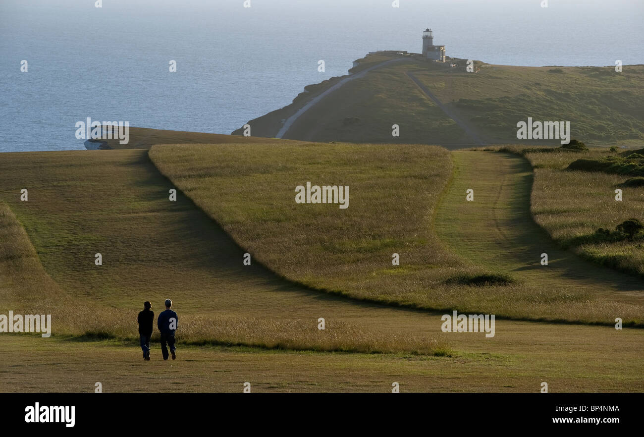 early evening light over a South Downs chalk hill landscape Beachy Head  towards Birling Gap East Sussex UK Stock Photo