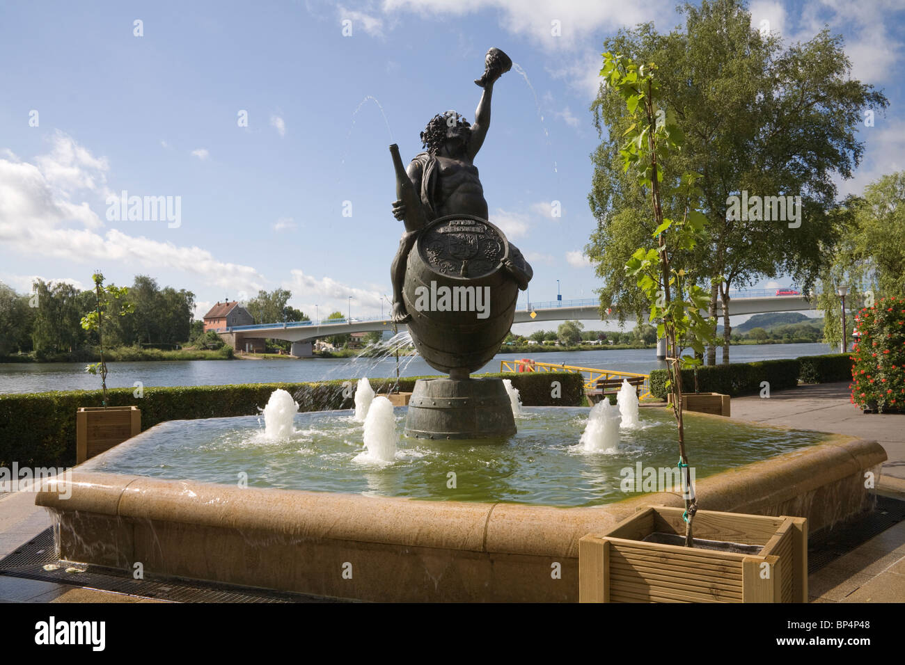 Remich Luxembourg Europe EU Bacchus statue on the Esplanade of Moselle River Stock Photo