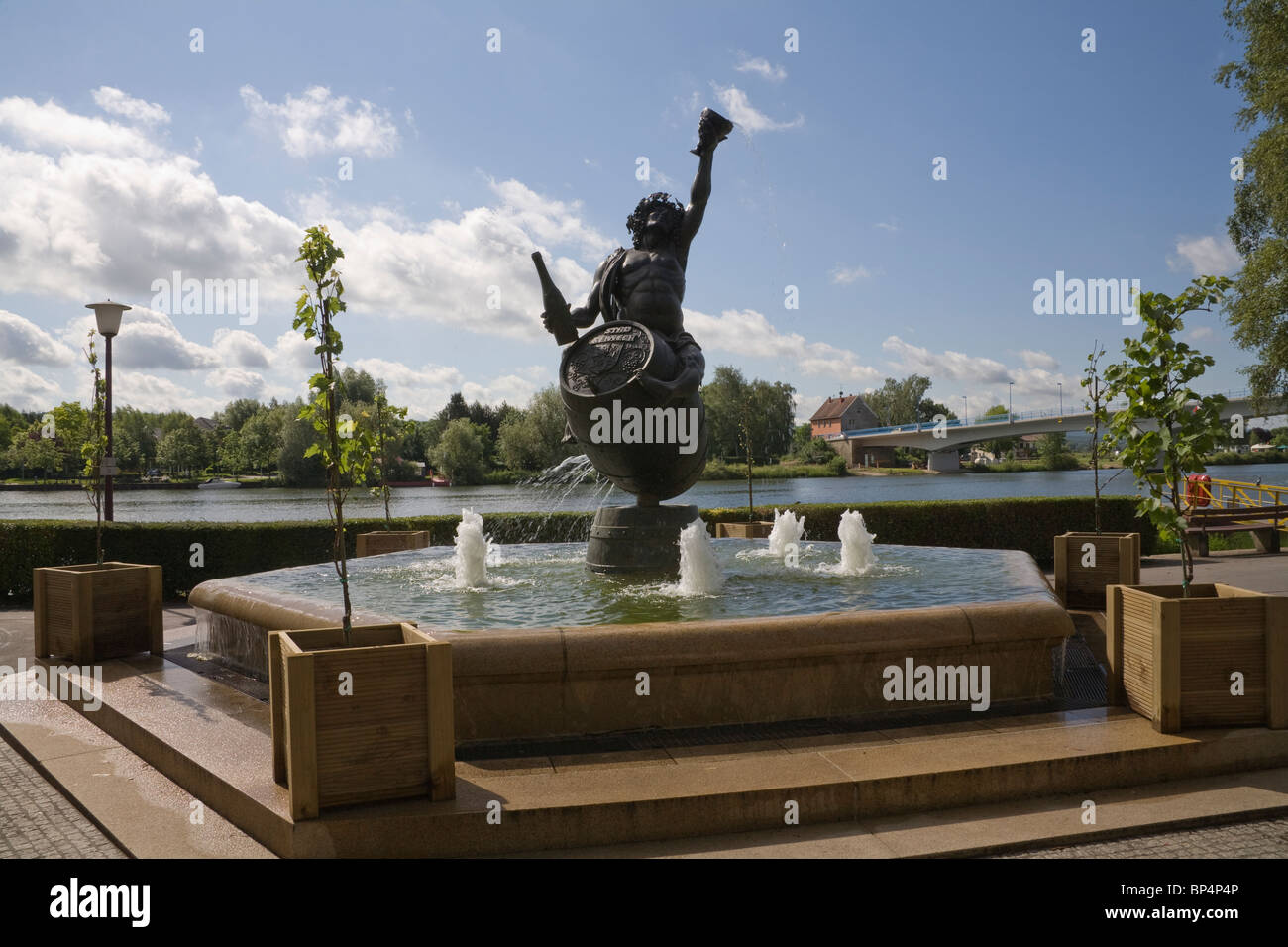 Remich Luxembourg Europe EU Bacchus statue on the Esplanade of Moselle River Stock Photo