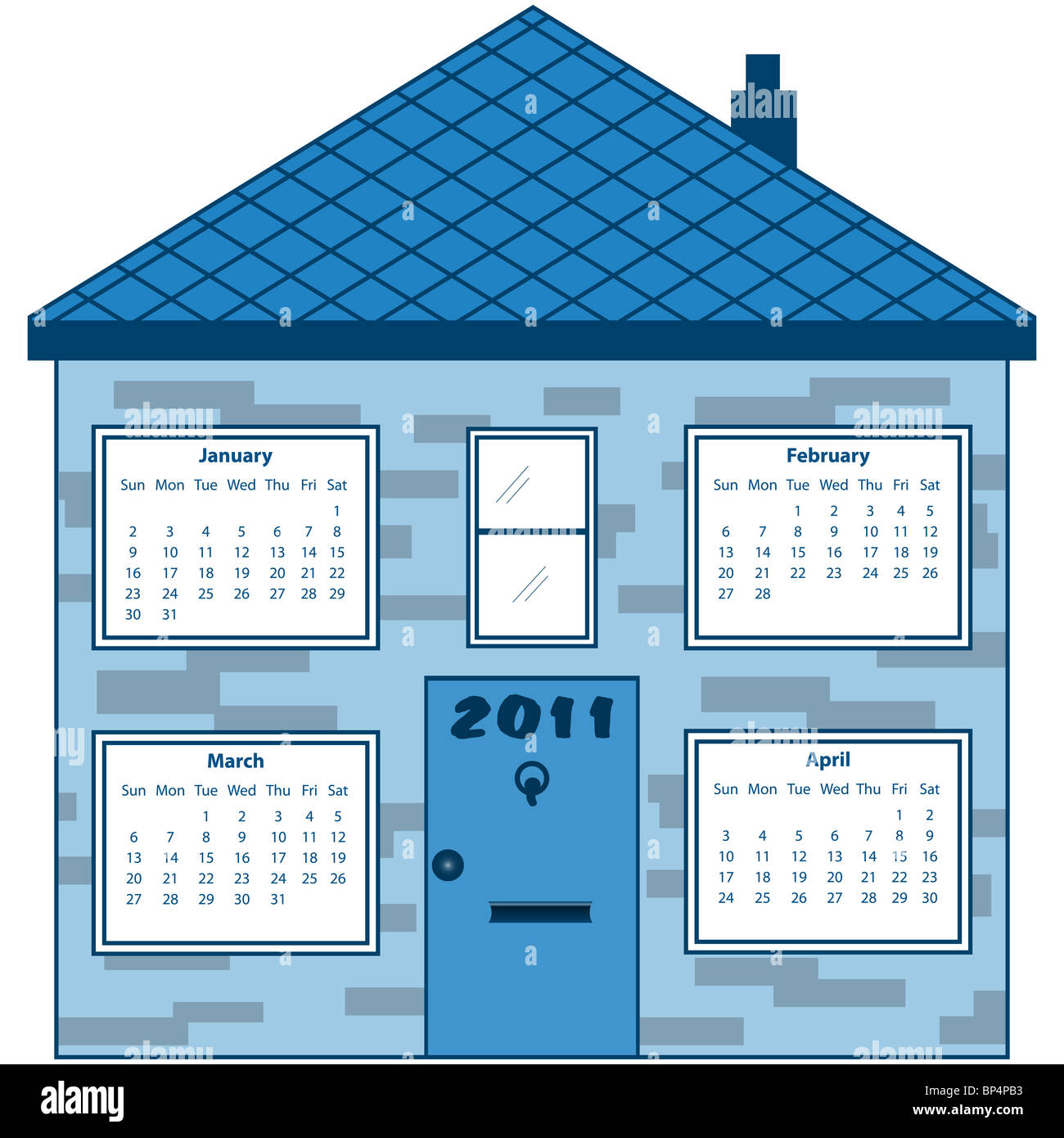 Calendar 2011 in a blue house. January to April months inside the ...