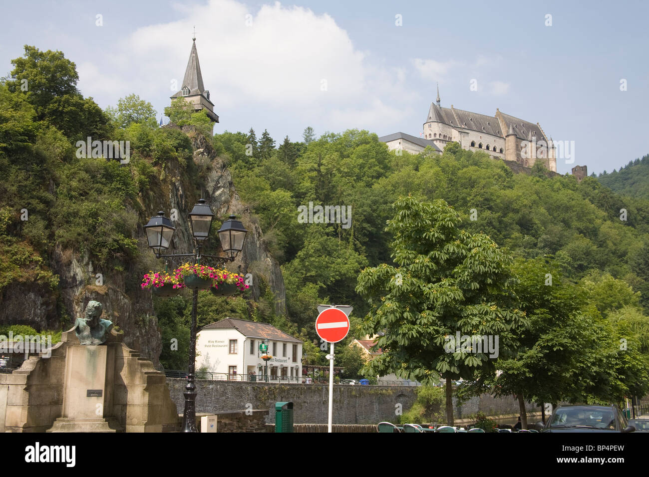 Vianden Luxembourg Europe EU View to the Castle and Gothic Church of Trinitarians in Our Valley Stock Photo