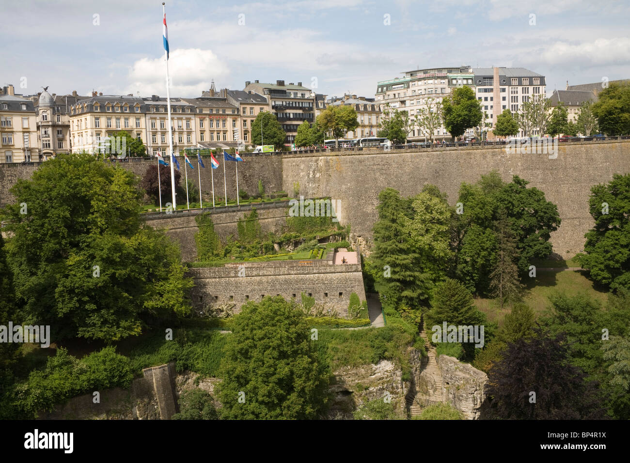 Luxembourg City Europe View across Petrusse Valley and ramparts to Boulevard Roosevelt Stock Photo
