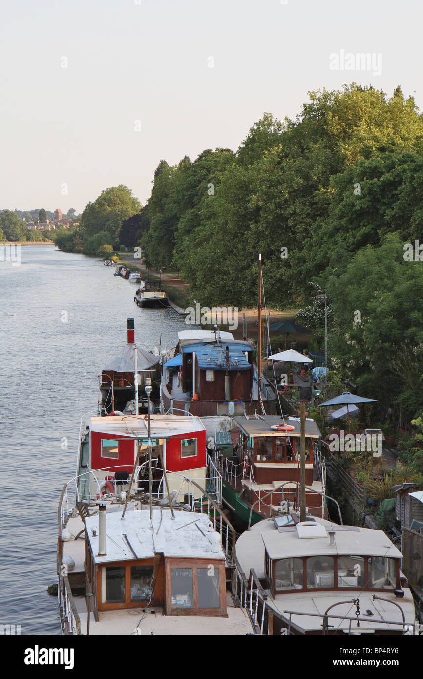 Moored house boats on the River Thames at Kingston upon Thames in