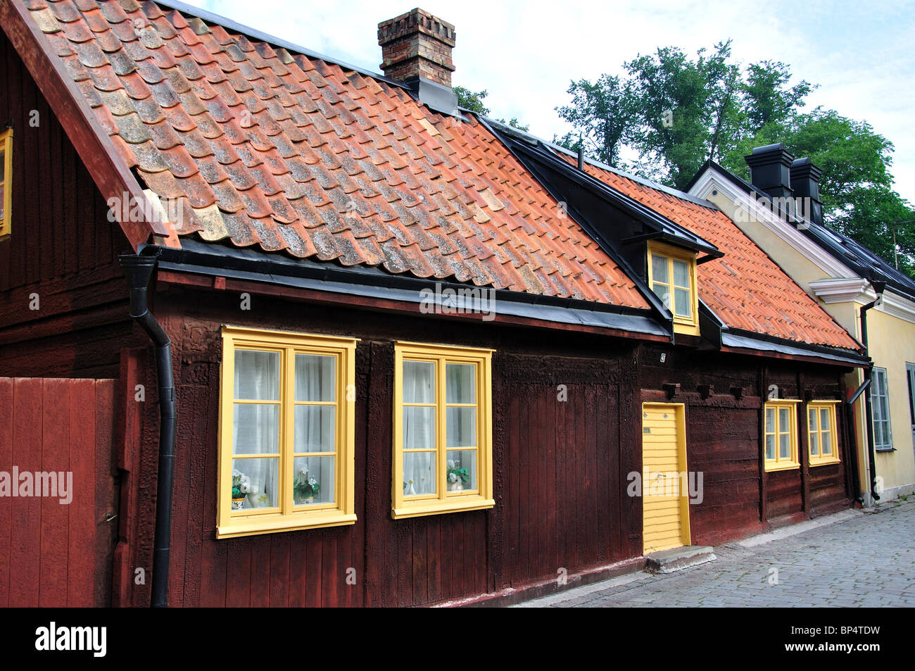 Traditional wooden houses, Strandgaten, Visby, Gotland County, Gotland Province, Kingdom of Sweden Stock Photo