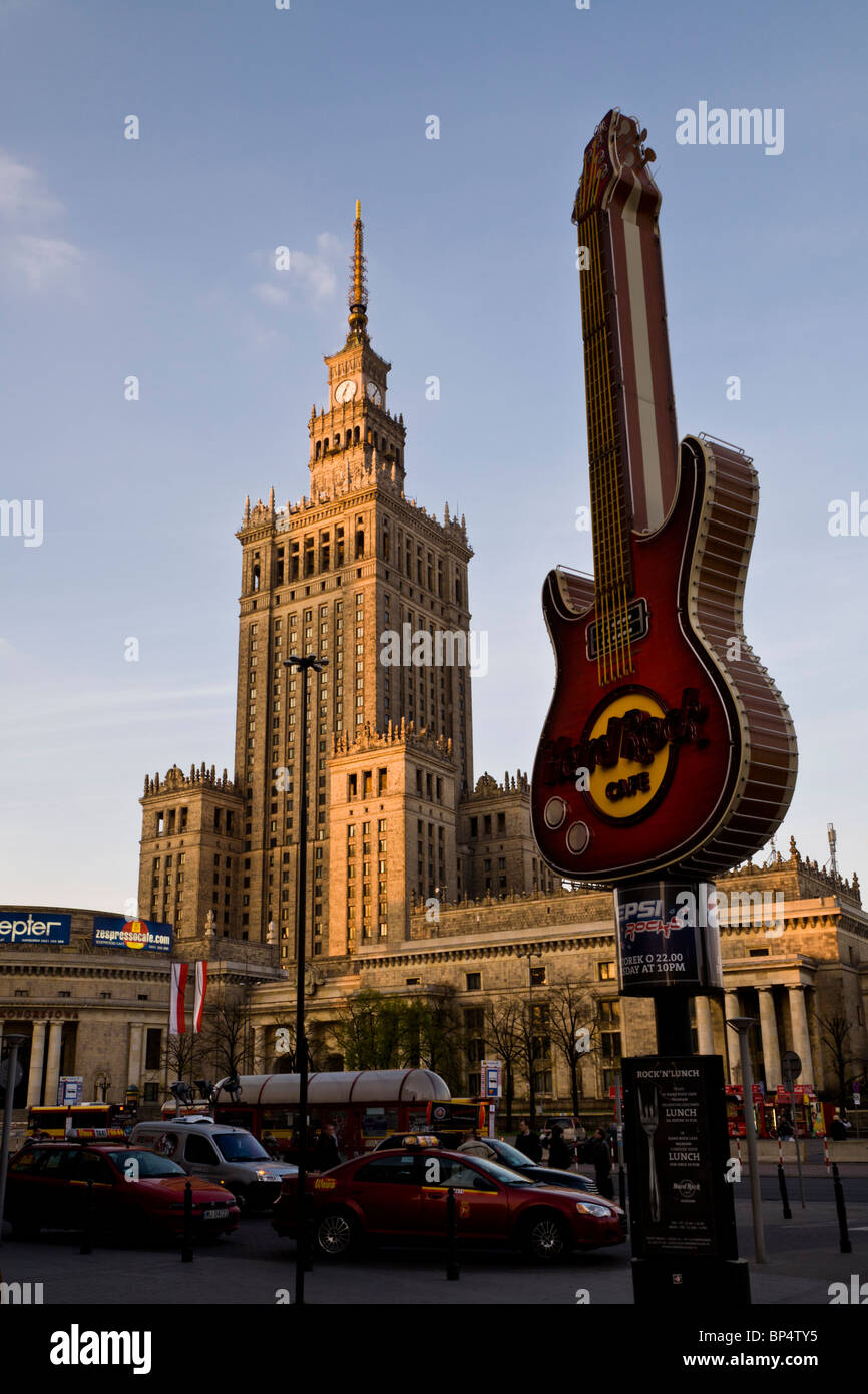 Palace of Culture and Science and a Hard Rock Cafe sign, Warsaw Poland. Stock Photo