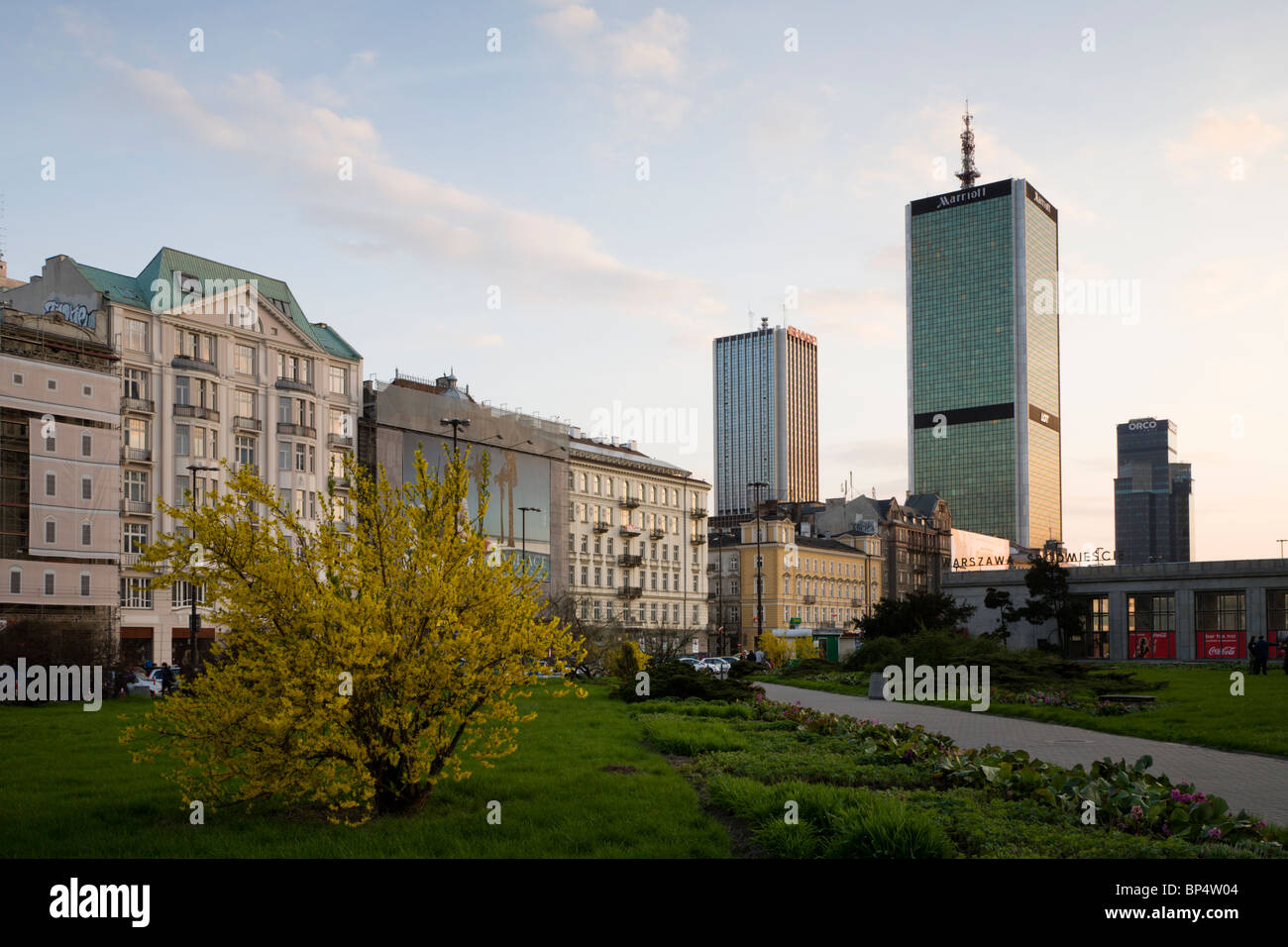 Marriott Hotel seen from Parade Square (Plac Defilad), next to The Palace of Culture and Science, Warsaw Poland Stock Photo