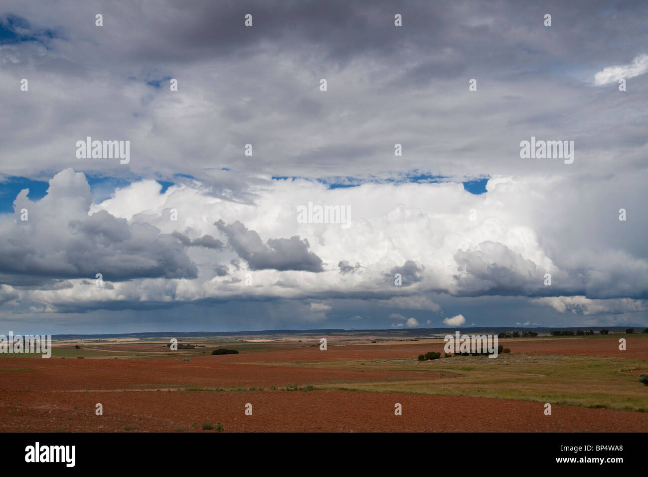 Dramatic cumulus cloud formations looming over a vast field of tilled red soil in southwest Colorado Stock Photo