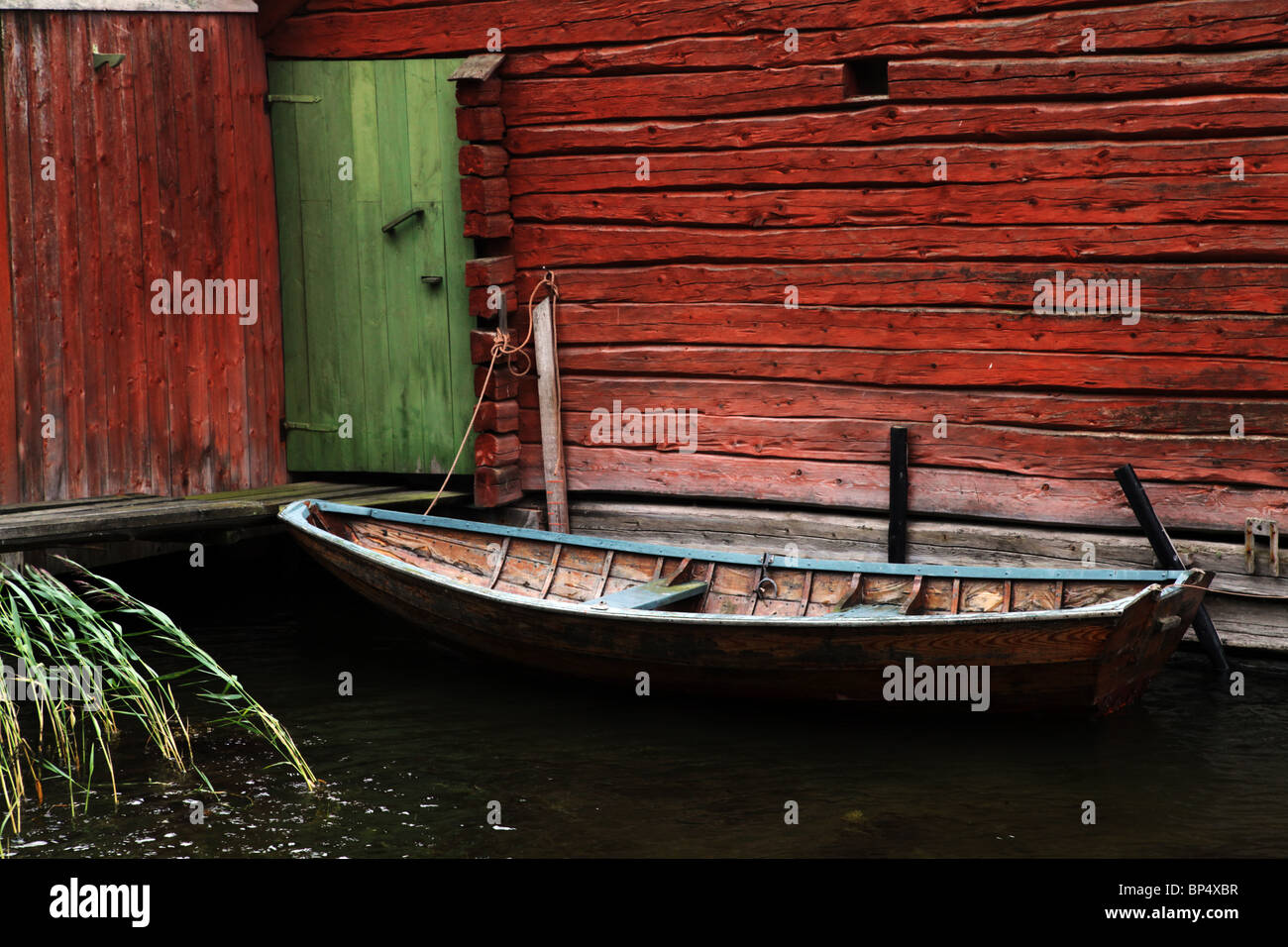 Boat moored at boathouse in Västeränga Lemland on the Aland island archipelago Finland Stock Photo