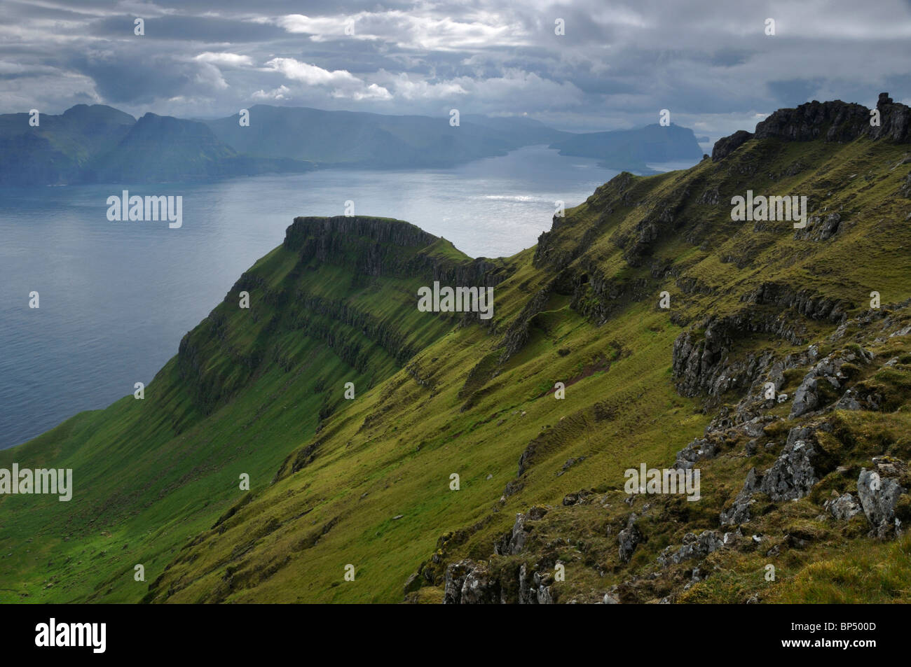 View from summit of Knúkur, Mykines, Faroe Islands Stock Photo
