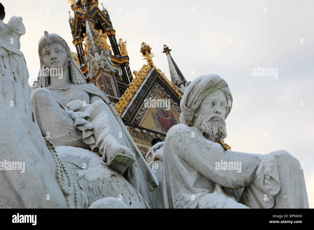 Winter view of a detail of the Albert Memorial, Westminster, London, SW7. Stock Photo