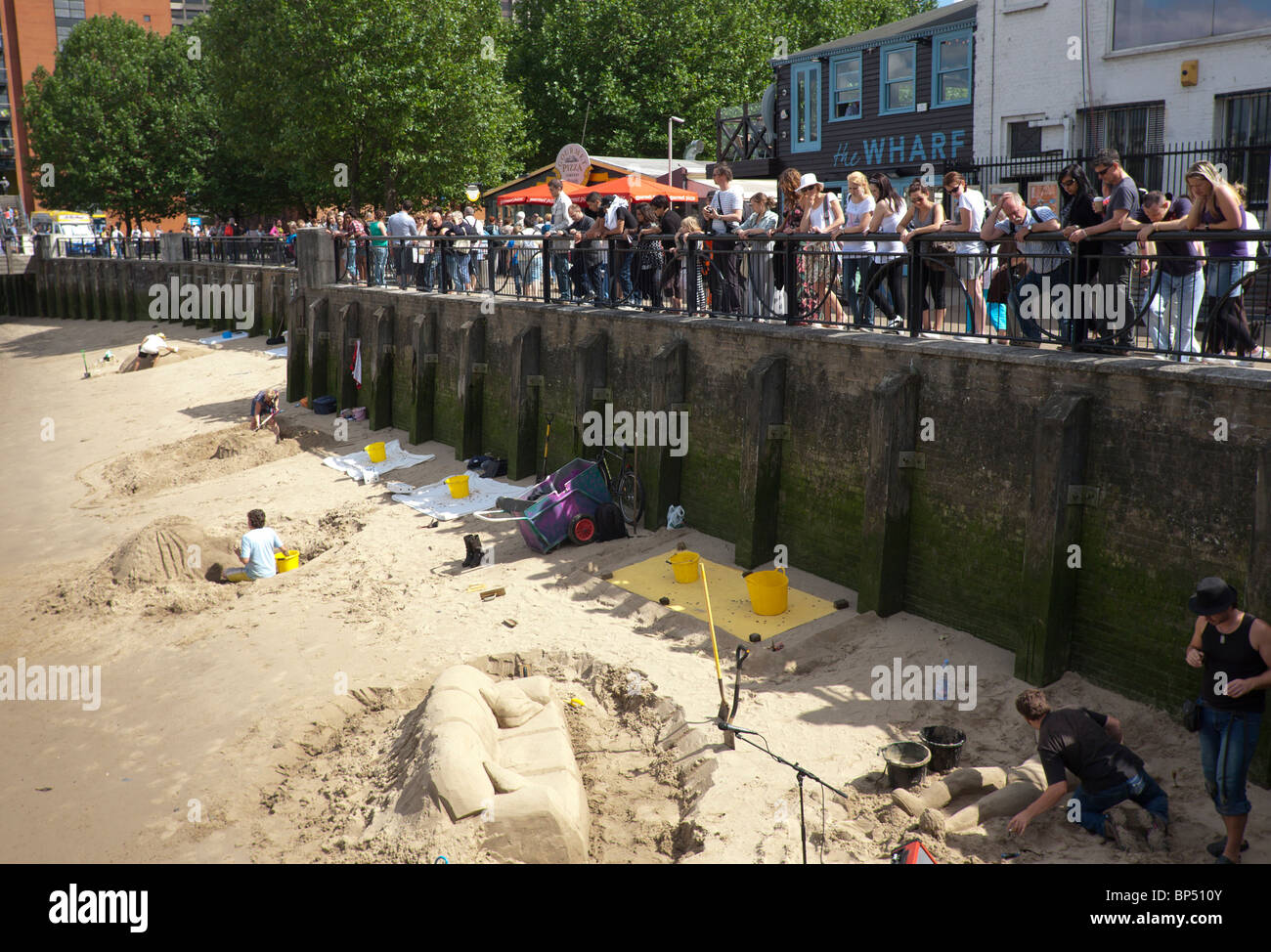 Sand sculptures  on the beach by Gabriel's Wharf, South Bank, London, UK Stock Photo