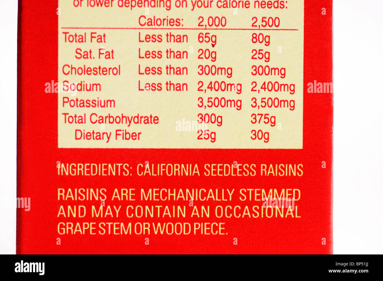 Nutrition information on package of raisins Stock Photo Alamy