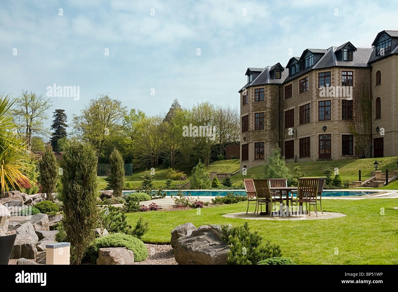 Garden view of Pennyhill Park Luxury Hotel & Spa, exterior grounds architecture, Bagshot, Surrey, England, UK, GB, Europe, EU Stock Photo