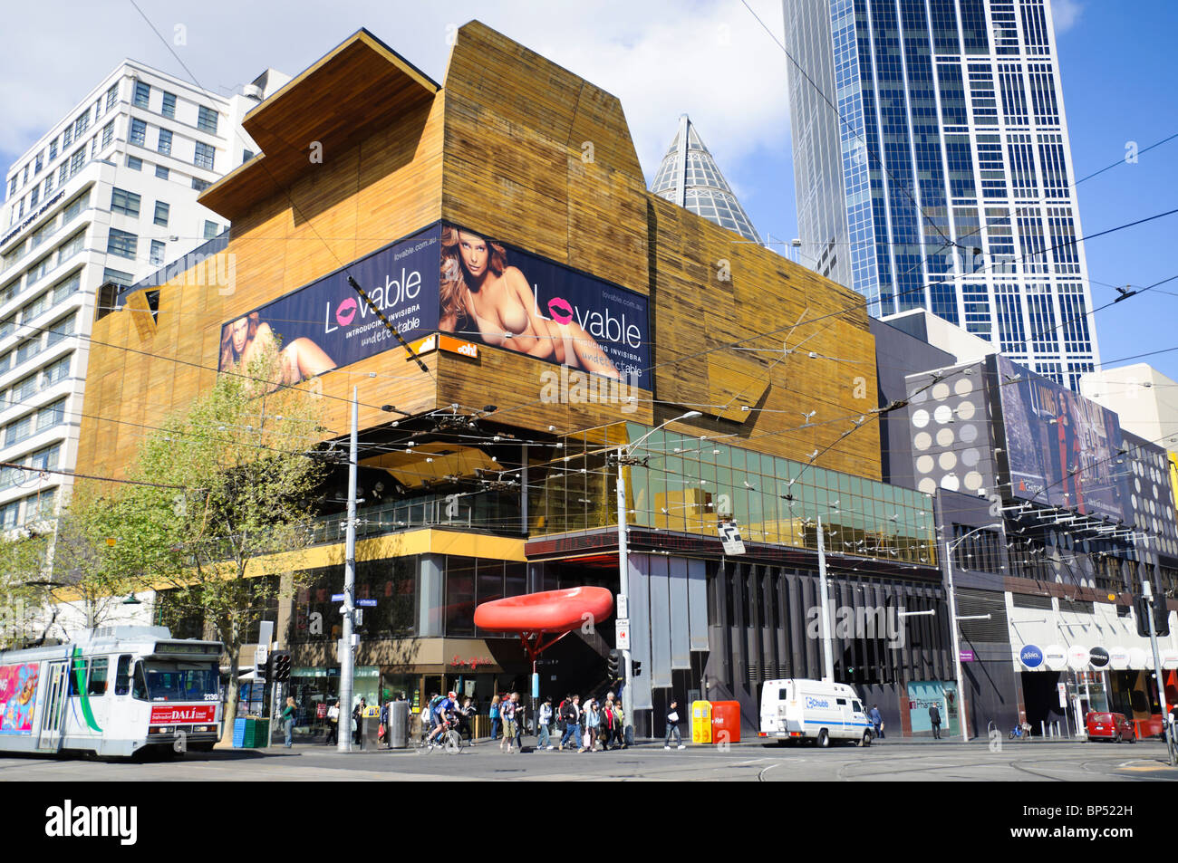 Exterior of Melbourne Central Shopping Centre, Australia. Wooden cladding produces a contemporary feel. Stock Photo