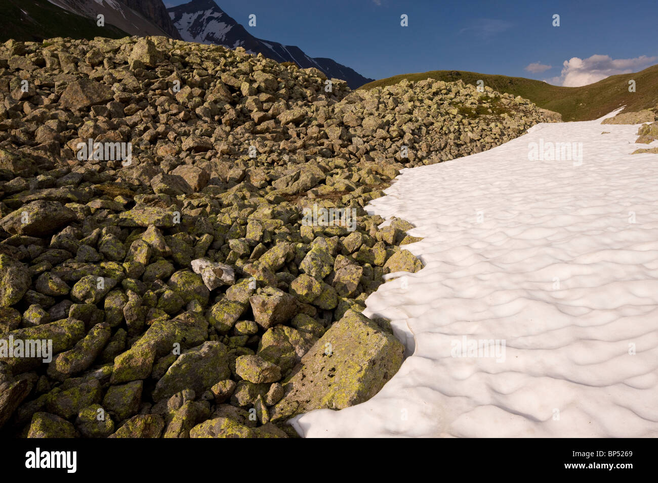 Blocky granite scree at 2400 m above the Albula Pass, Eastern Swiss Alps. Stock Photo
