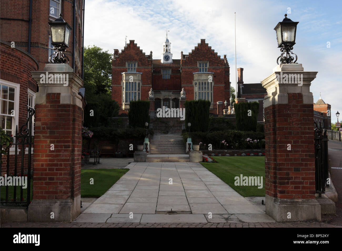 Beautiful early evening light caresses the facade of the Old Schools building of Harrow School on Church Hill in Harrow. Stock Photo