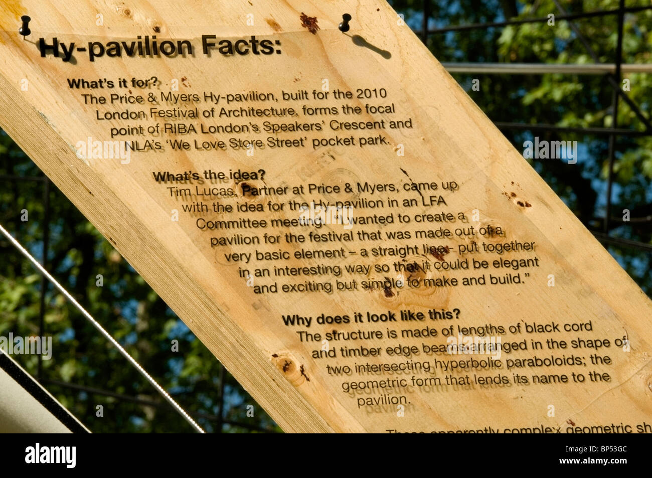 HY - Pavilion facts printed on a wooden plank of wood during Architecture Festival in Regents Park, London, UK, Europe, EU Stock Photo