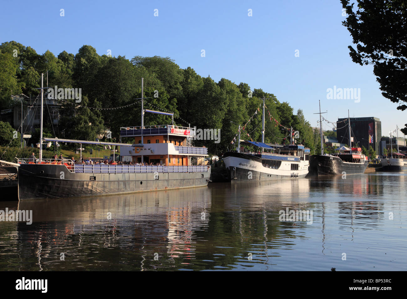 Finland, Turku, boats on Aurajoki River, Stock Photo