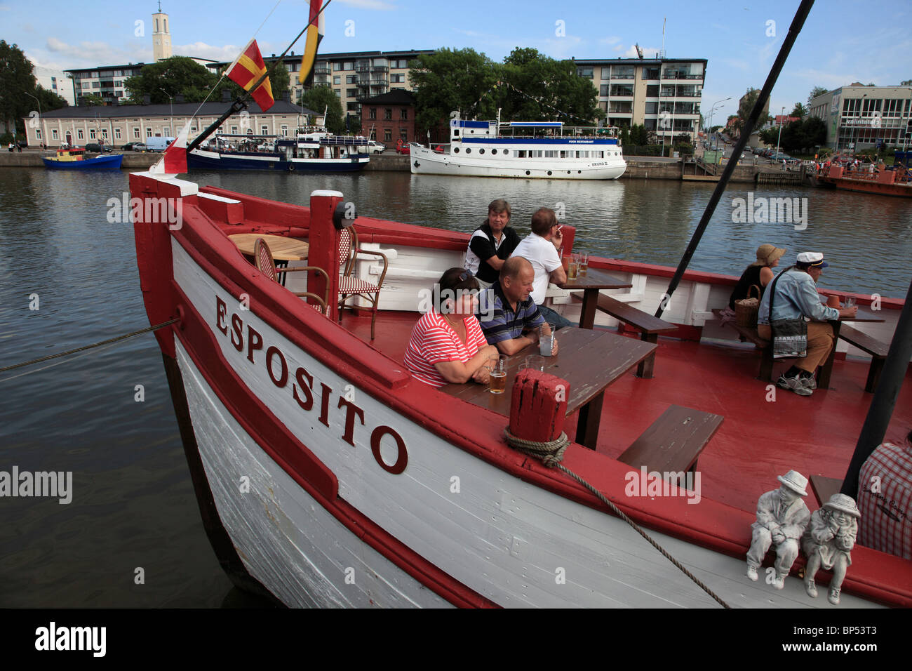 Finland, Turku, boats on Aurajoki River, people, leisure, Stock Photo