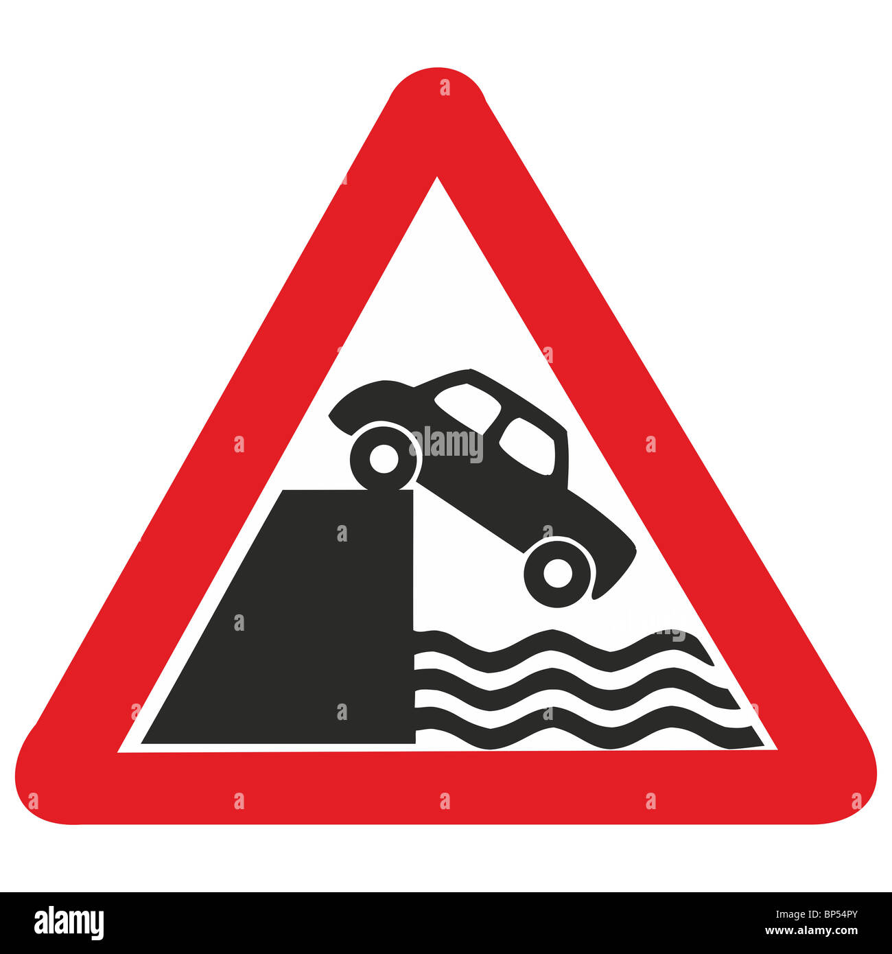 uk road sign car falling into water dangerous drop sea river canal road unfenced unguarded accident risk ofdrowning ahead Stock Photo