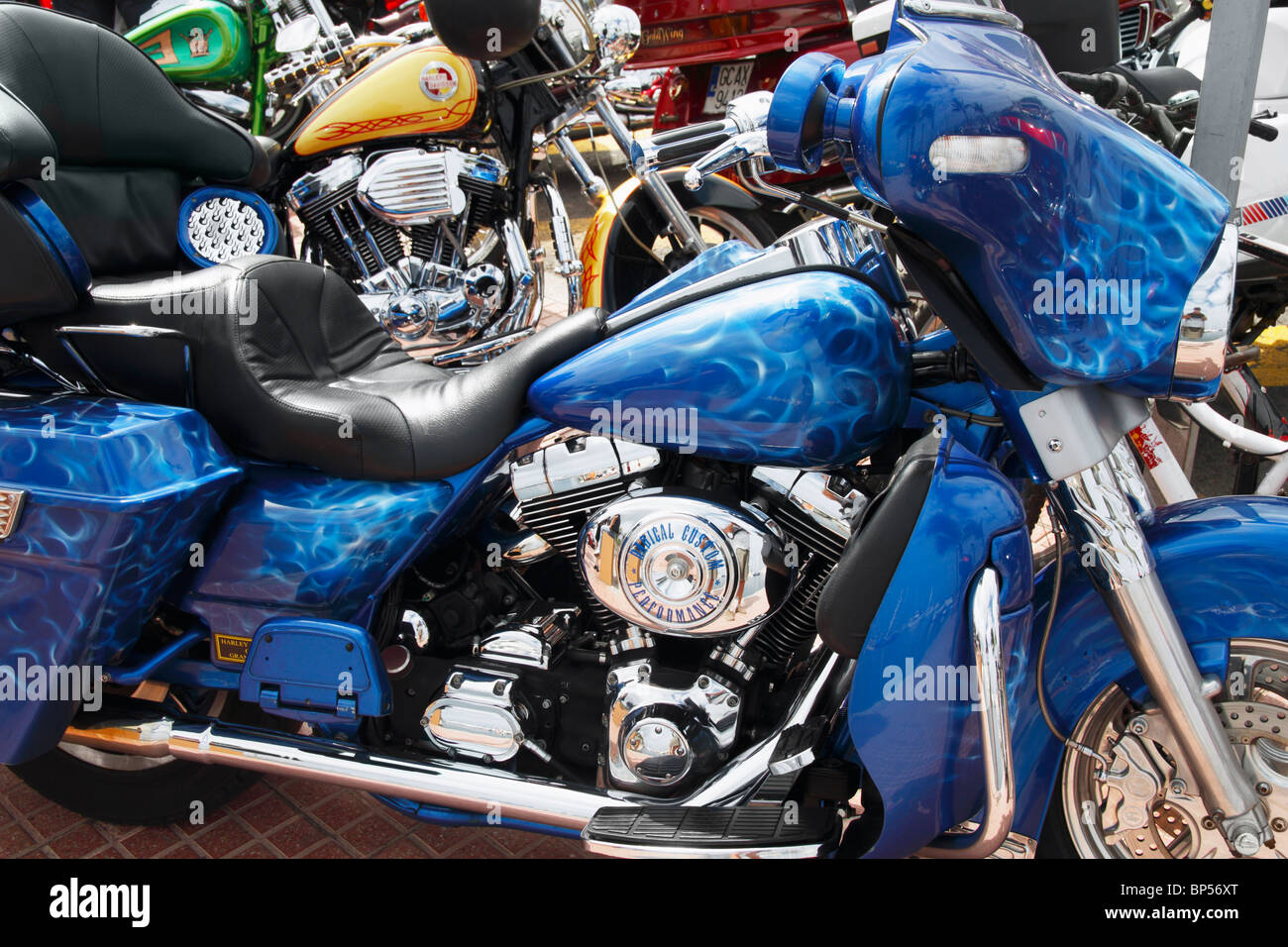 Custom Harley Davidson motorcylce at Harley rally in Spain Stock Photo