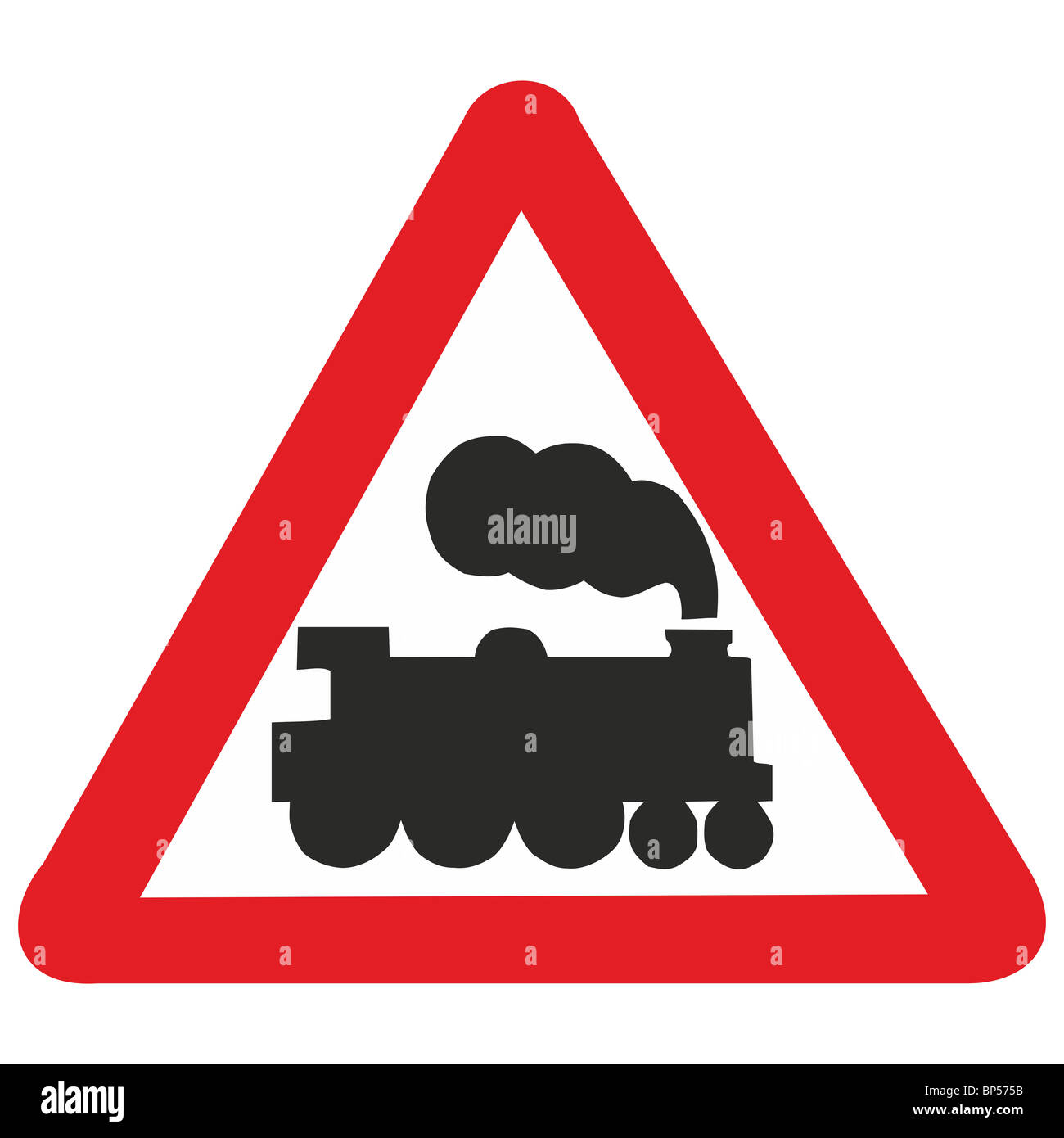 uk road sign old steam train railway engine rail tracks in road Stock Photo