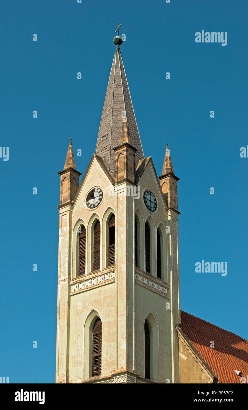 Close-up of Tower of Gothic Franciscan Parish Church (Magyarok Nagyasszonya Templom) at Fő tér Square in Keszthely, Hungary Stock Photo