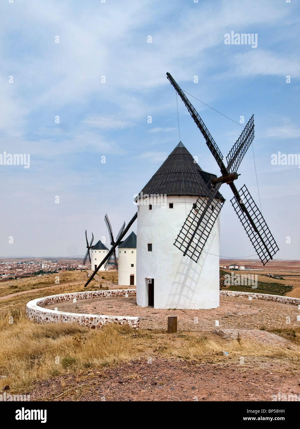 Windmills in a row at Alcázar de San Juan (La Mancha: Don Quixote's land) Stock Photo