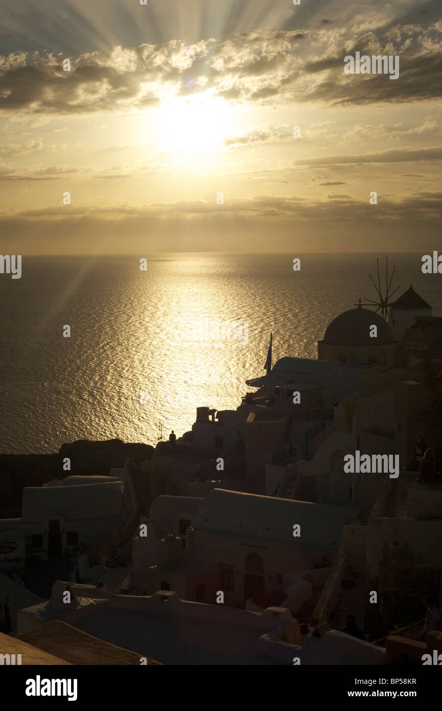 Sunset over Oia on the island of Santorini in the Cyclades islands of Greece Stock Photo