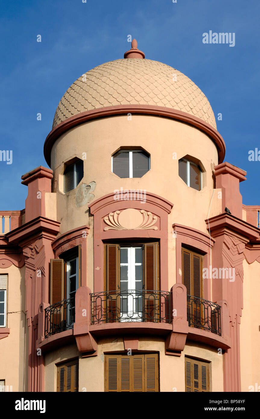 Corner Block, Art Nouveau Window, Tower, Turret & Dome of an Art Nouveau Apartment Building by Architect Enrique Nieto, Melilla, Spain Stock Photo