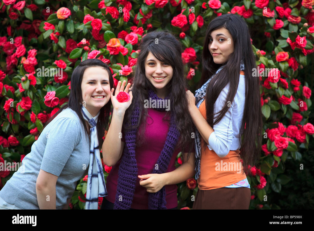Portland, Oregon, United States Of America; Three Teenage Girls By A Tree Full Of Blossoms In Portland Park Stock Photo