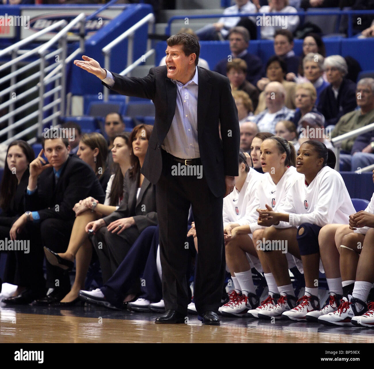 UCONN Women's basketball coach Geno Auriemma yells at a referee during a game against Villanova in Hartford CT USA. Geno Auriemma was chosen as the Women's basketball coach of the 2009-12 USA womens basketball team leading them to a gold medal. Stock Photo