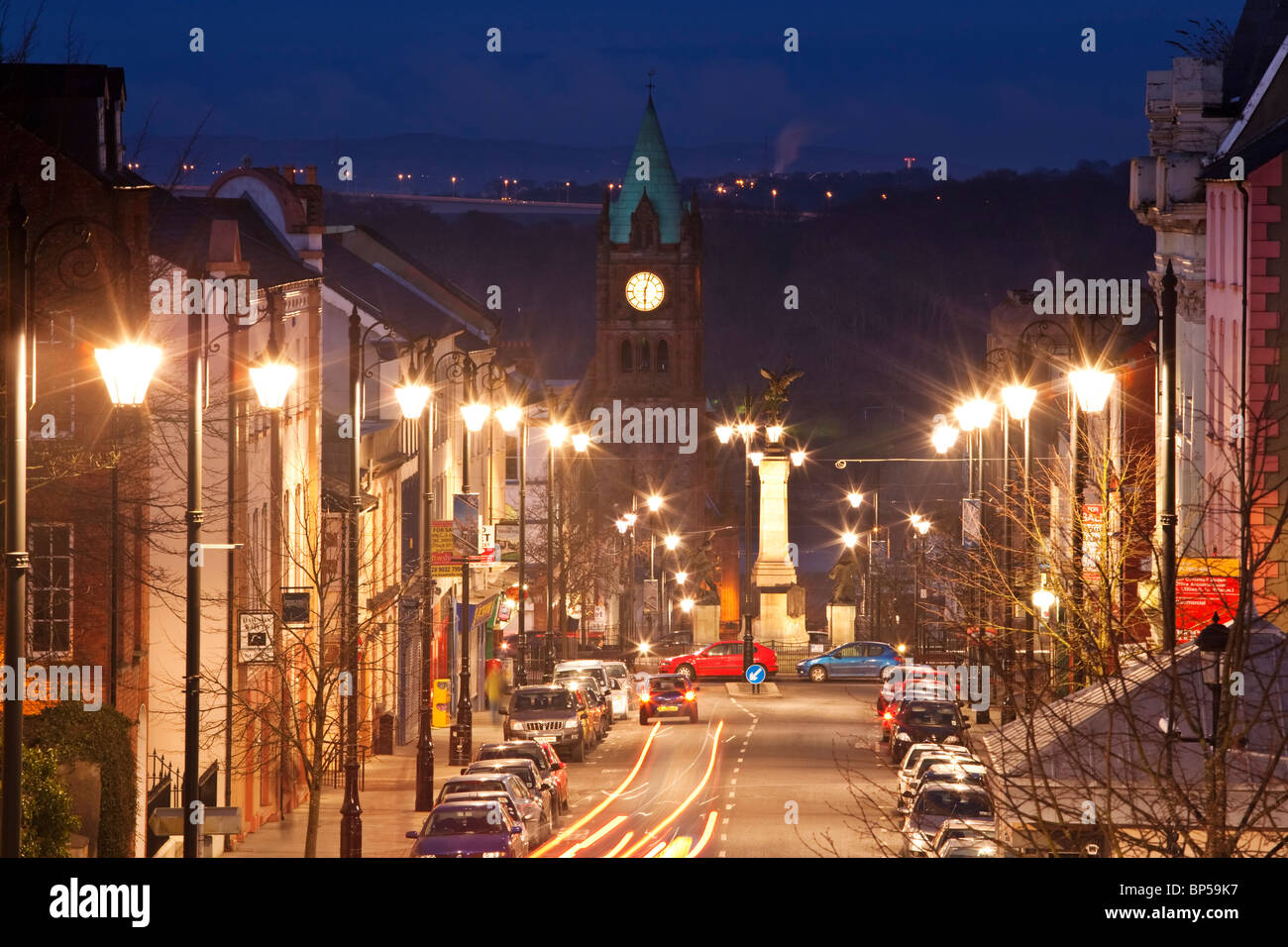 View down Bishop Street Within to the Diamond and Guildhall from the Derry city wall, County Derry, Northern Ireland Stock Photo