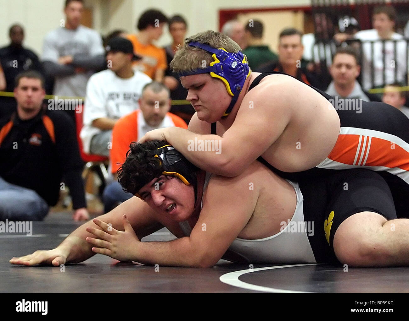 Heavyweight wrestlers during a high school tournament in Connecticut USA Stock Photo
