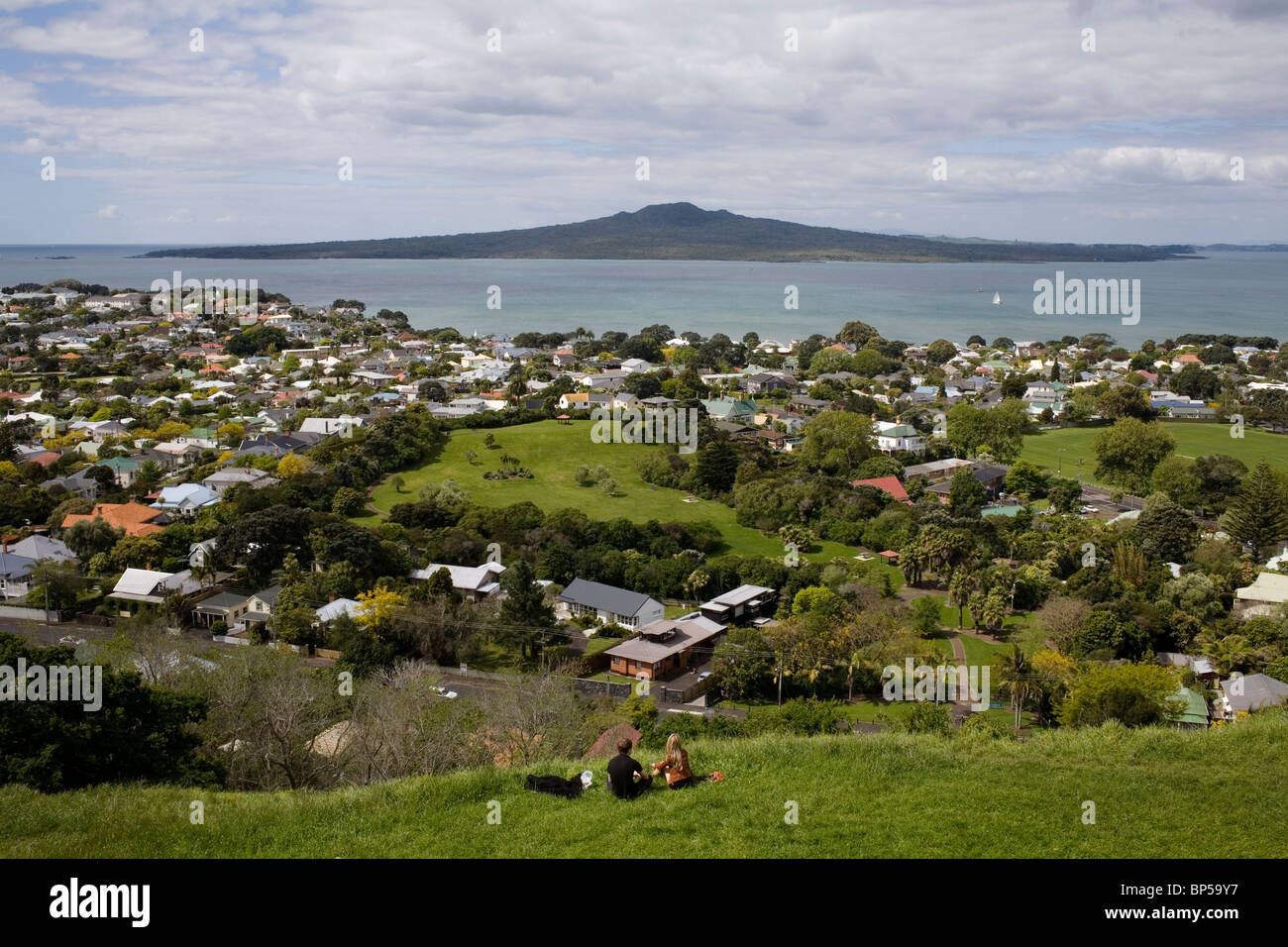 Looking towards the volcanic island of Rangitoto in Auckland Bay from Mt Victoria, New Zealand. Stock Photo