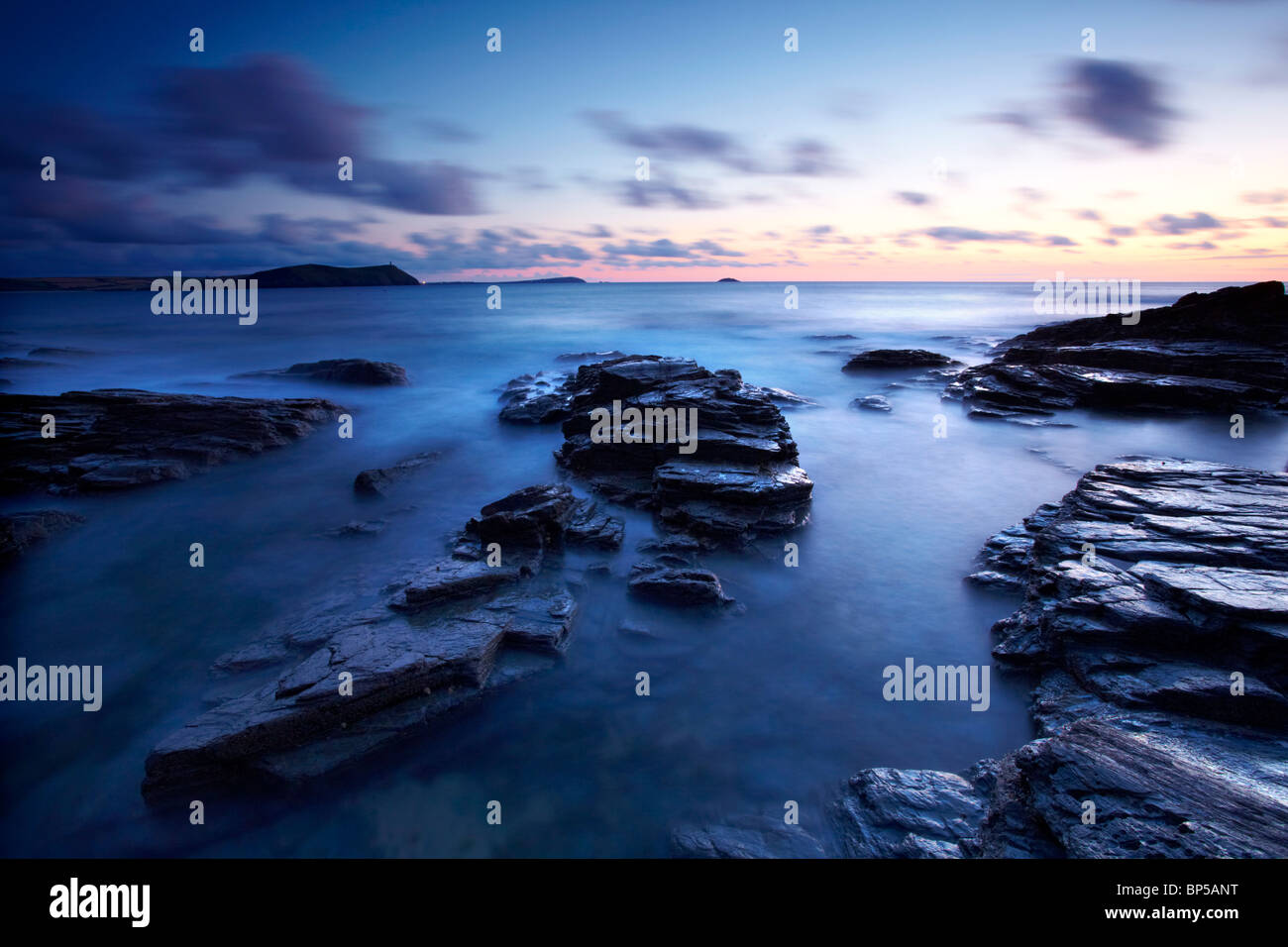 Dusk from Pentire foreshore looking towards Stepper Point. Stock Photo