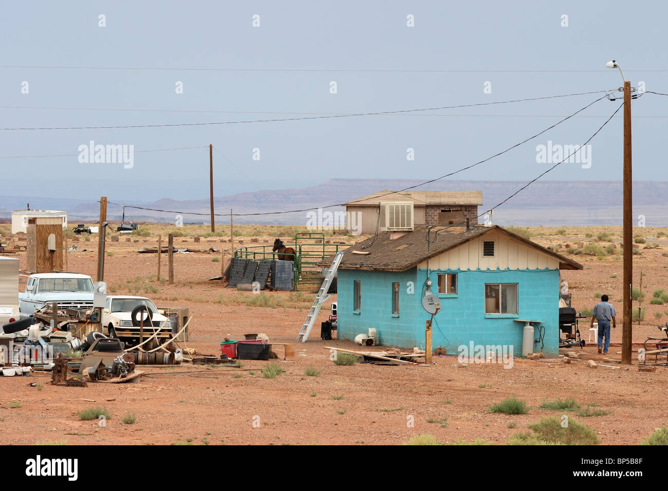 Poor dwellings of Indians in Native American reservation, Flagstaff, USA Stock Photo