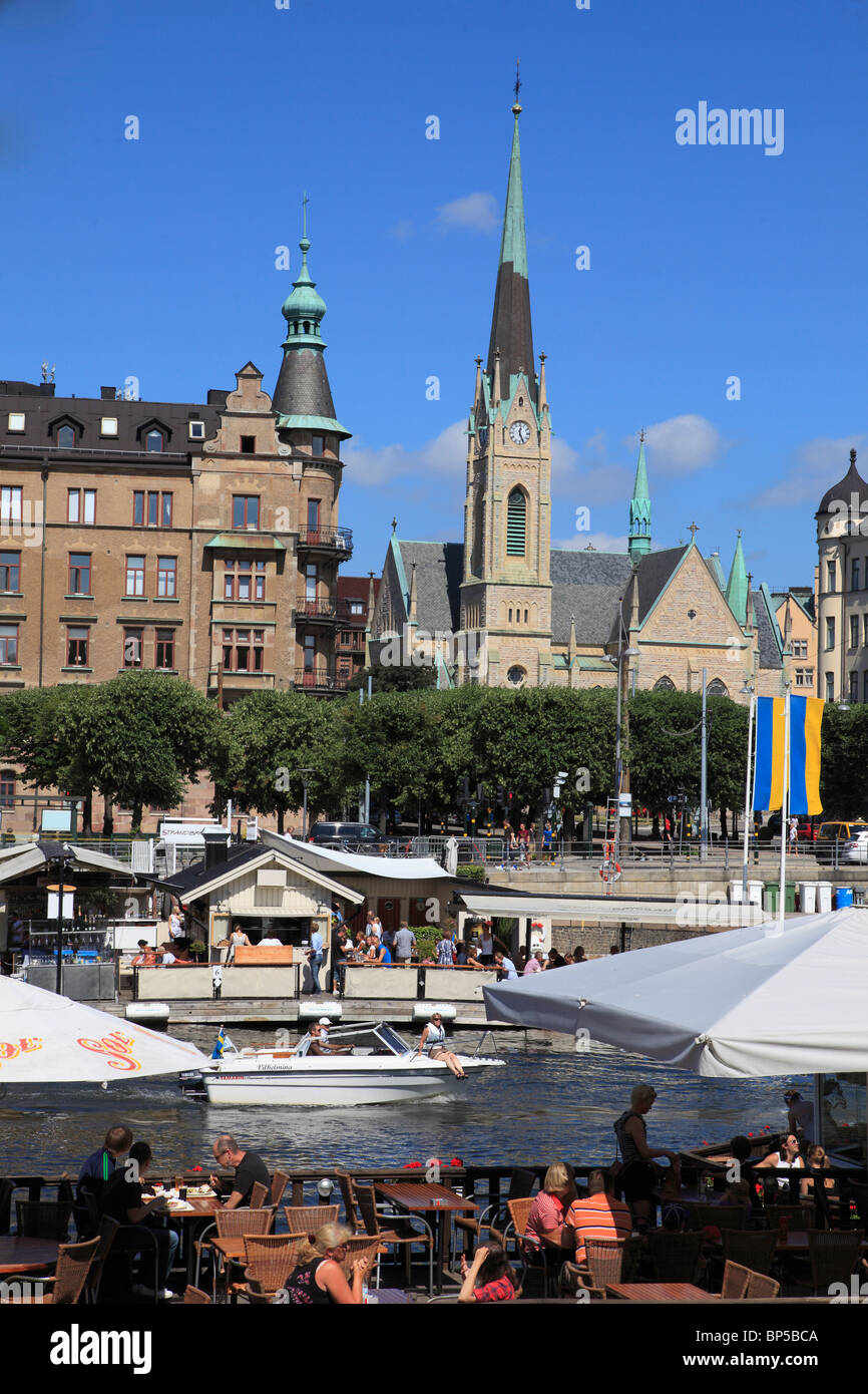Sweden, Stockholm, Oscars Church, harbour, boats, floating restaurants, Stock Photo