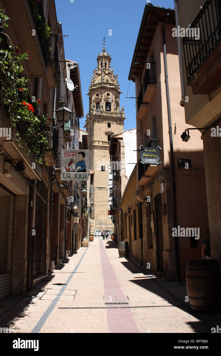 View along street of old town to Santo Domingo Cathedral, Haro , La Rioja, Spain Stock Photo