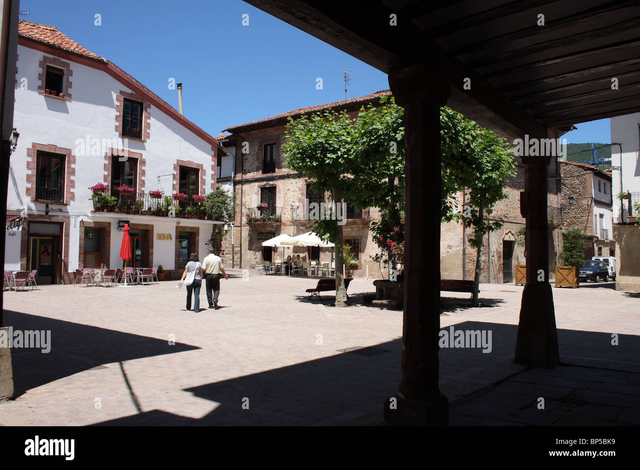 View from beneath veranda to Plaza de la Verdura, Ezcaray, La Rioja, Spain Stock Photo