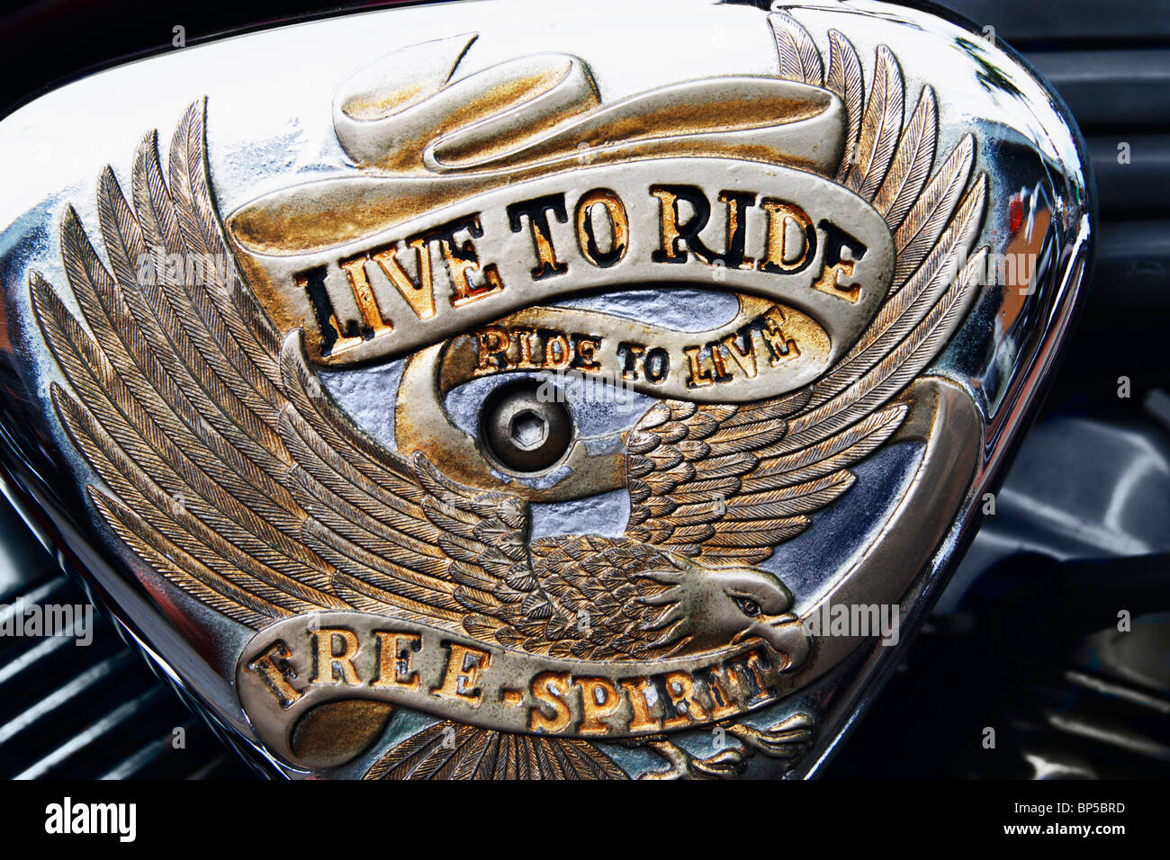 'Live to Ride' 'Ride to Live' 'Free Spirit' on Harley Davidson Stock Photo