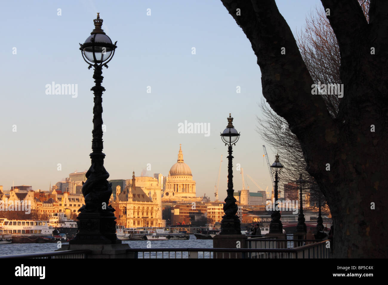 View across the River Thames to Saint Paul's Cathedral from South Bank, with lamp posts and part of tree in foreground, London Stock Photo