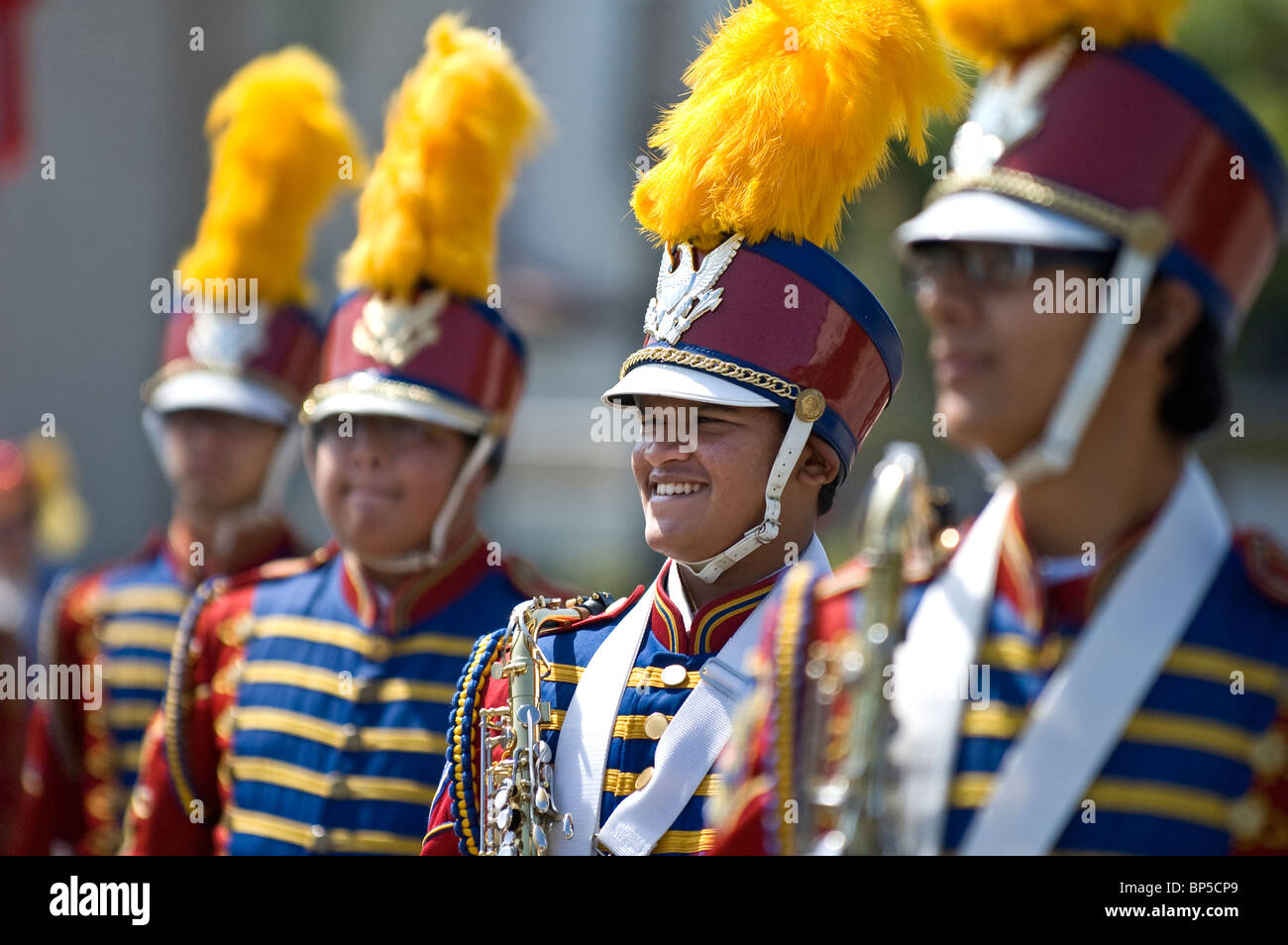 Band members ready to march at the La Habra Corn Festival parade Stock