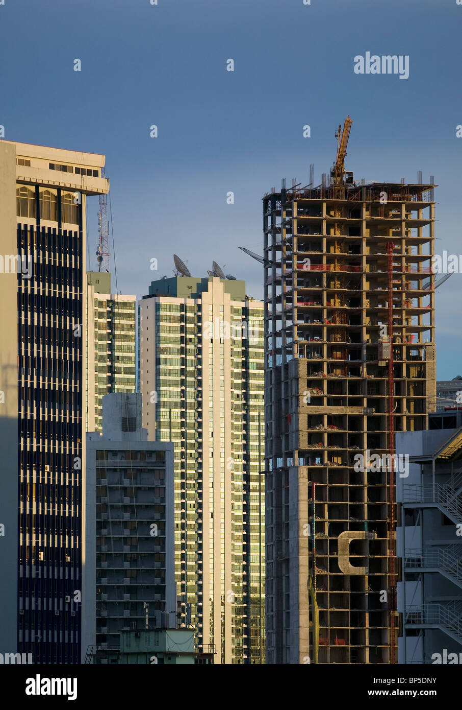 aerial view above high rise office tower construction downtown Panama City Republic of Panama Stock Photo