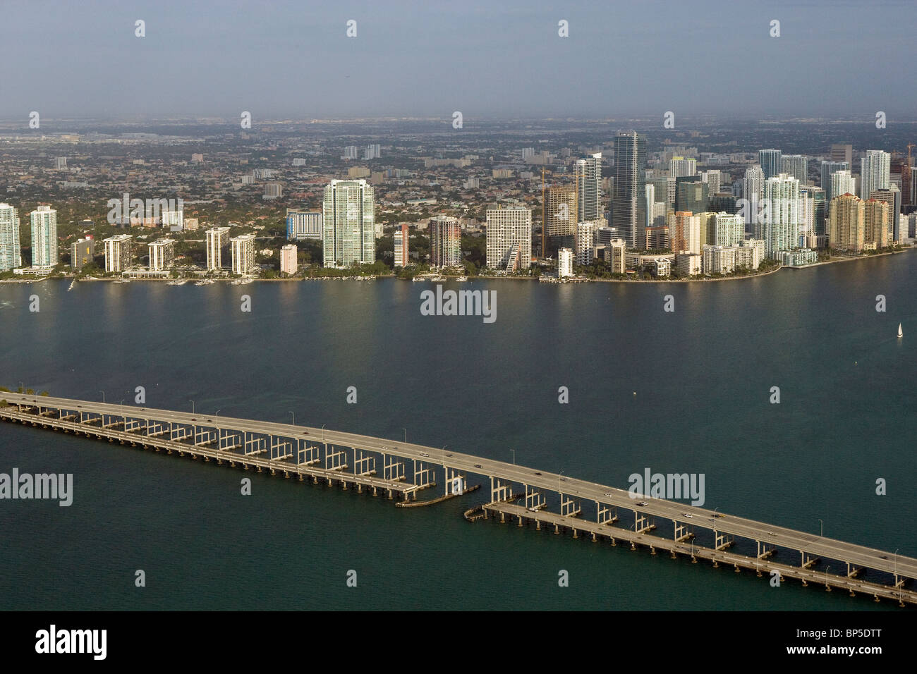 aerial view above Rickenbacker Causeway bridge Biscayne Bay Miami
