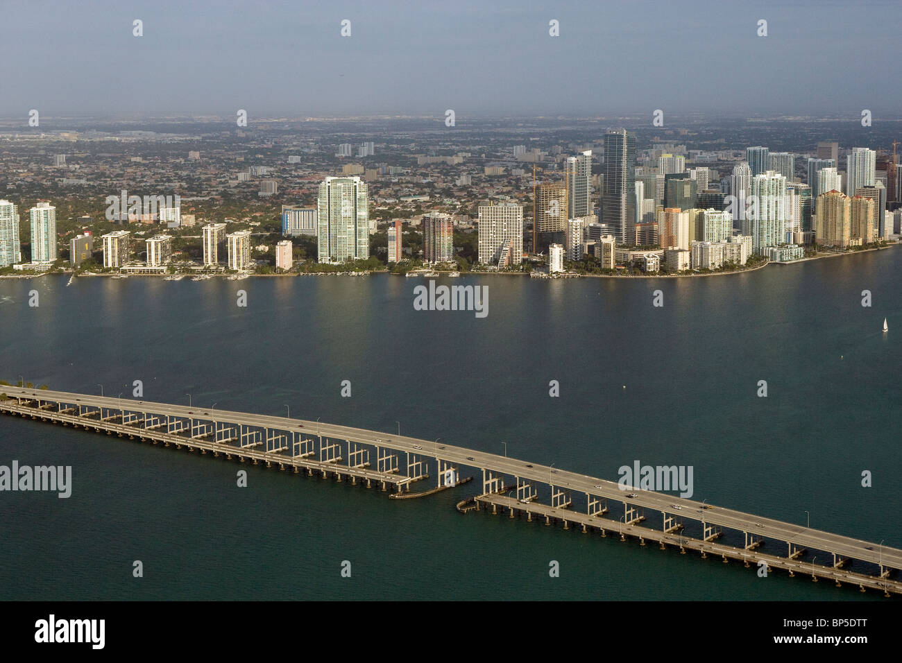 aerial view above Rickenbacker Causeway bridge Biscayne Bay Miami Florida Stock Photo