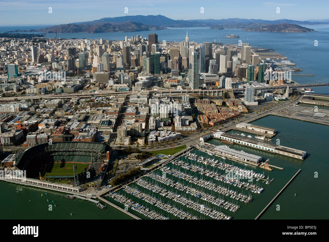 aerial view above AT&T baseball park south beach marina skyline San Francisco California Stock Photo