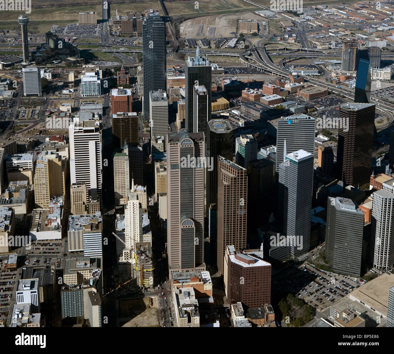 aerial view above skyline downtown Dallas Texas Stock Photo